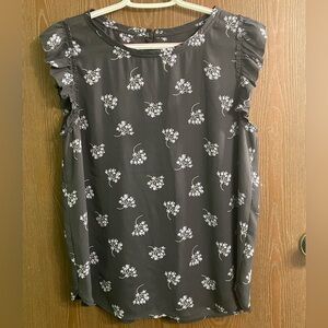 LOFT Dark Grey Floral Blouse with Ruffle Sleeves